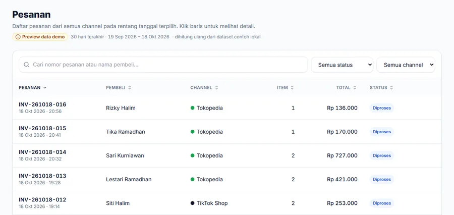 Tangkapan layar demo: daftar pesanan dengan filter status dan channel